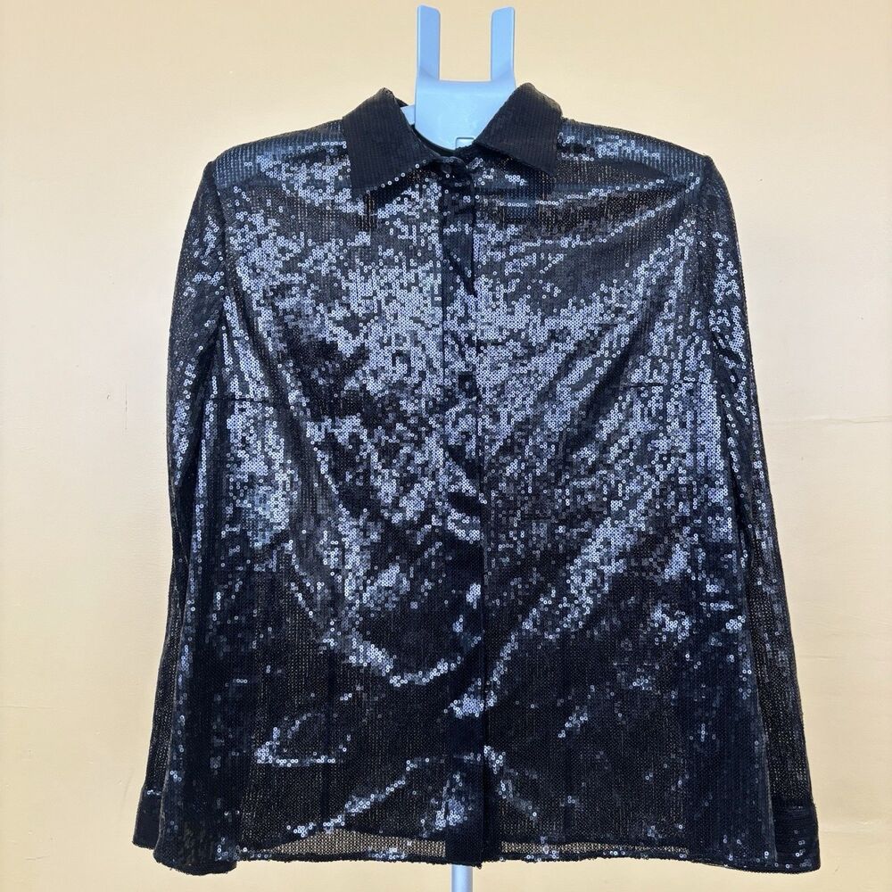 Michael Kors Collection Black Sequin Button-Up Top Womens Size 14 Italy